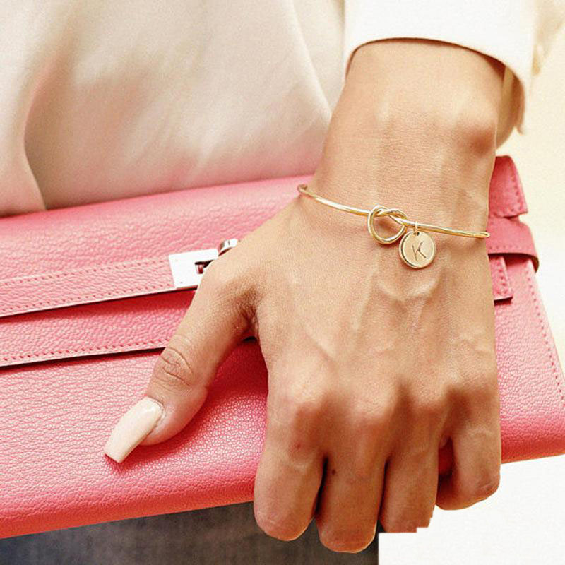 New Open Knot Heart Bracelet A-Z 26 letters Bangle Women Girl Fashion Jewelry Zinc Alloy Round Pendant Chain Link Friendship Bracelets Gifts