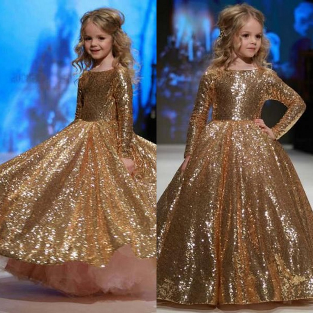 Said Mhamad Gold Sequins Princess Wedding Flower Girls' Dresses Long Sleeves Puffy Tutu 2019 Toddler Little Girls Pageant Communion Dress