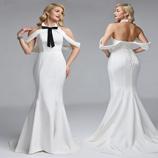 2019 Unique Design White Evening Dresses Mermaid Off Shoulder Sleeves Prom Dresses Backless Sweep Train Women Gowns