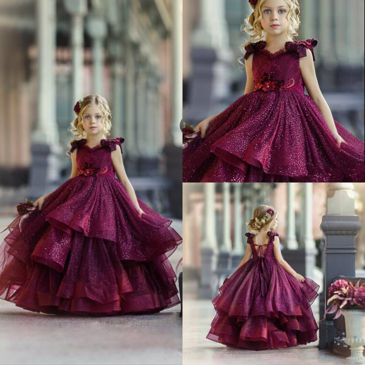 sparkly sequined flower girl dresses formal prom gowns tiered skirts party lace v neck girls birthday pageant dress