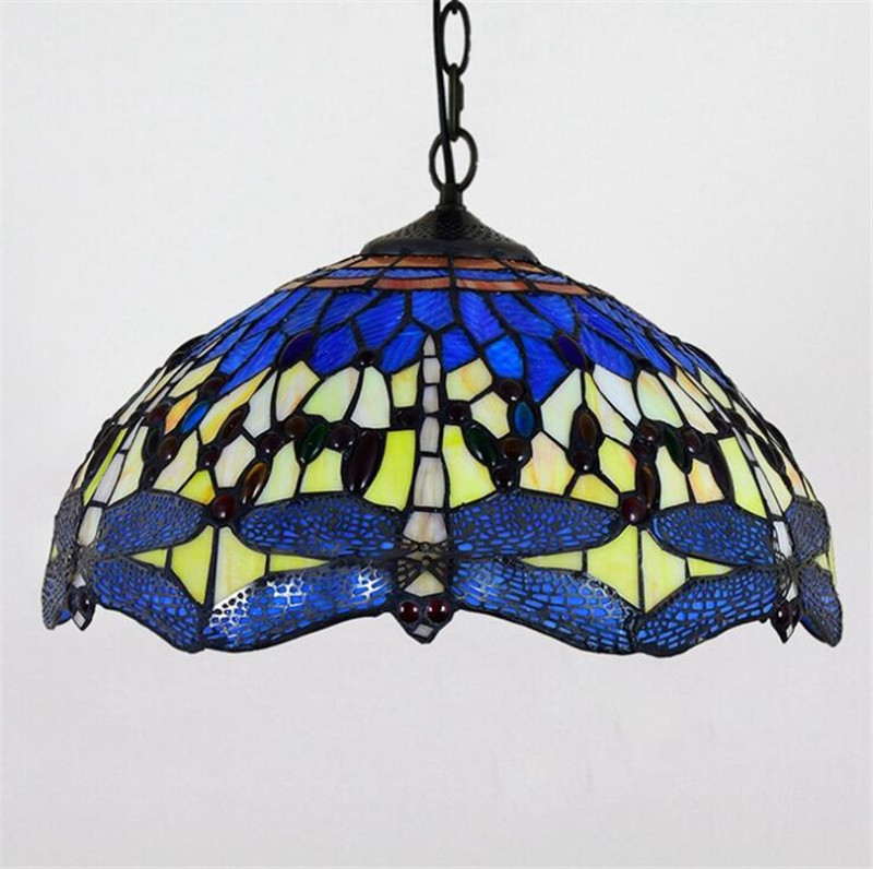 European creative retro Tiffany stainedblue yellow dragonfly art chandelier bar restaurant glass lamp TF022