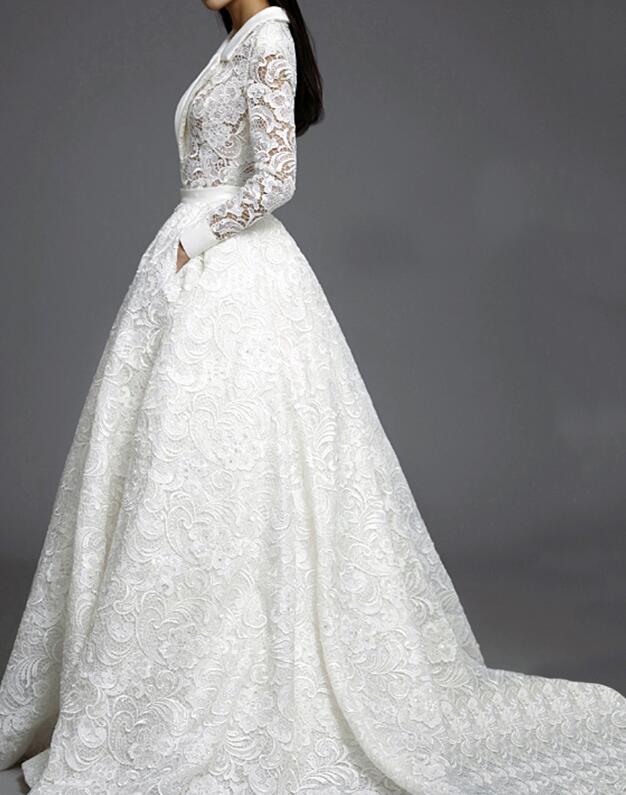 Special Design Lace Long Sleeves Chic Wedding Ball Gowns with pockets deep v neck Custom Made Venice Lace Puffy Illusion Bridal Dress