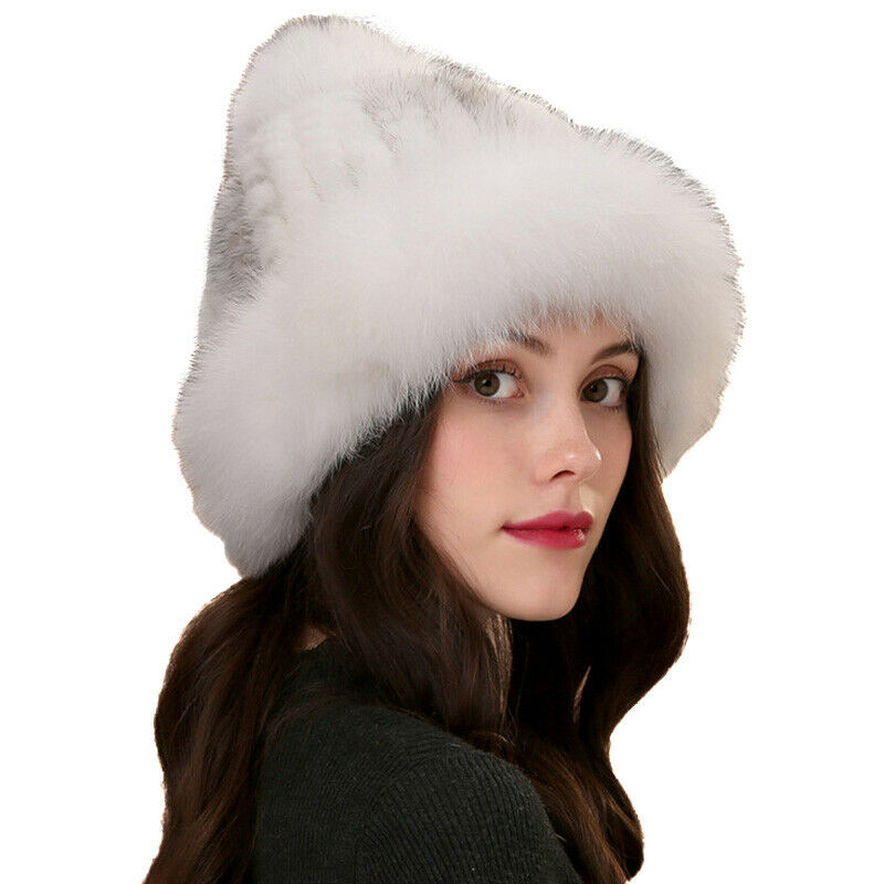 Real Mink Fur Christmas Hats Real Fox Fur Brim Winter Warm Cap For Women 9Colors