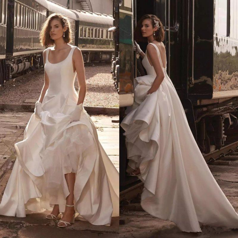 beach a line satin wedding dresses scoop neck brand boho wedding dress bridal gowns vestido backless robe de marie