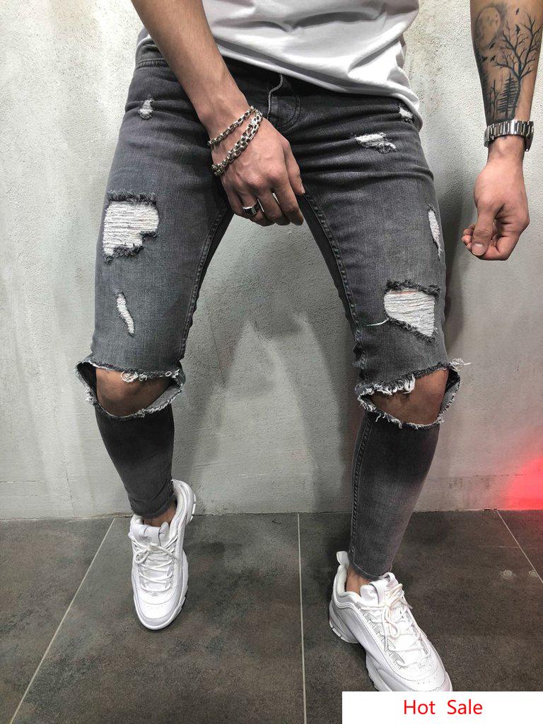 Urban Style Men Pencil Pants Mid Waist Jeans Fashion Slim Fit Ripped Jeans Denim Clothing Trousers Long Frayed Pants5487312