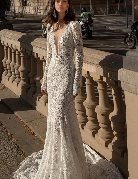 Julie Vino 2020 Mermaid Wedding Dresses Deep V Neck Lace Long Sleeve Bridal Gowns Backless Sexy Boho Vestido De Novia