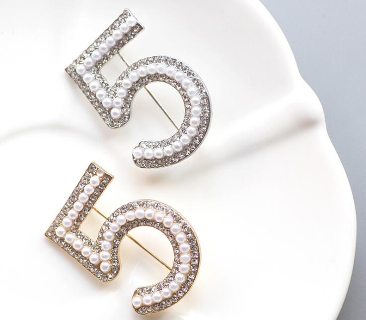 Gold Color/Silver Brooches Letter 5 Full Crystal Rhinestone Brooch Pins For Women Party Flower Number Brooches Jewelry SHU18