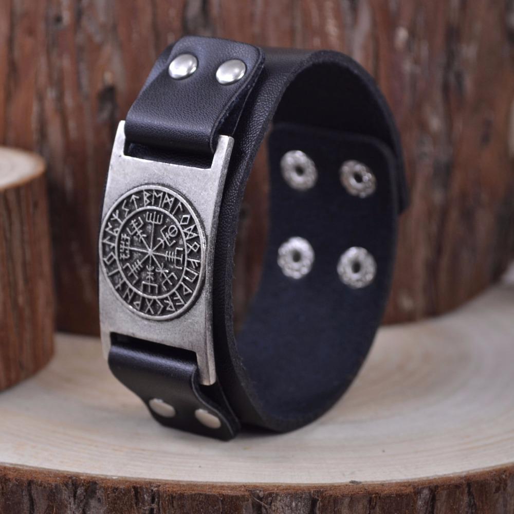 Dropshipping Viking Vegvisir Compass Pendants Bangle Norse Runes Men Jewelry Odin Symbol Leather Bracelet