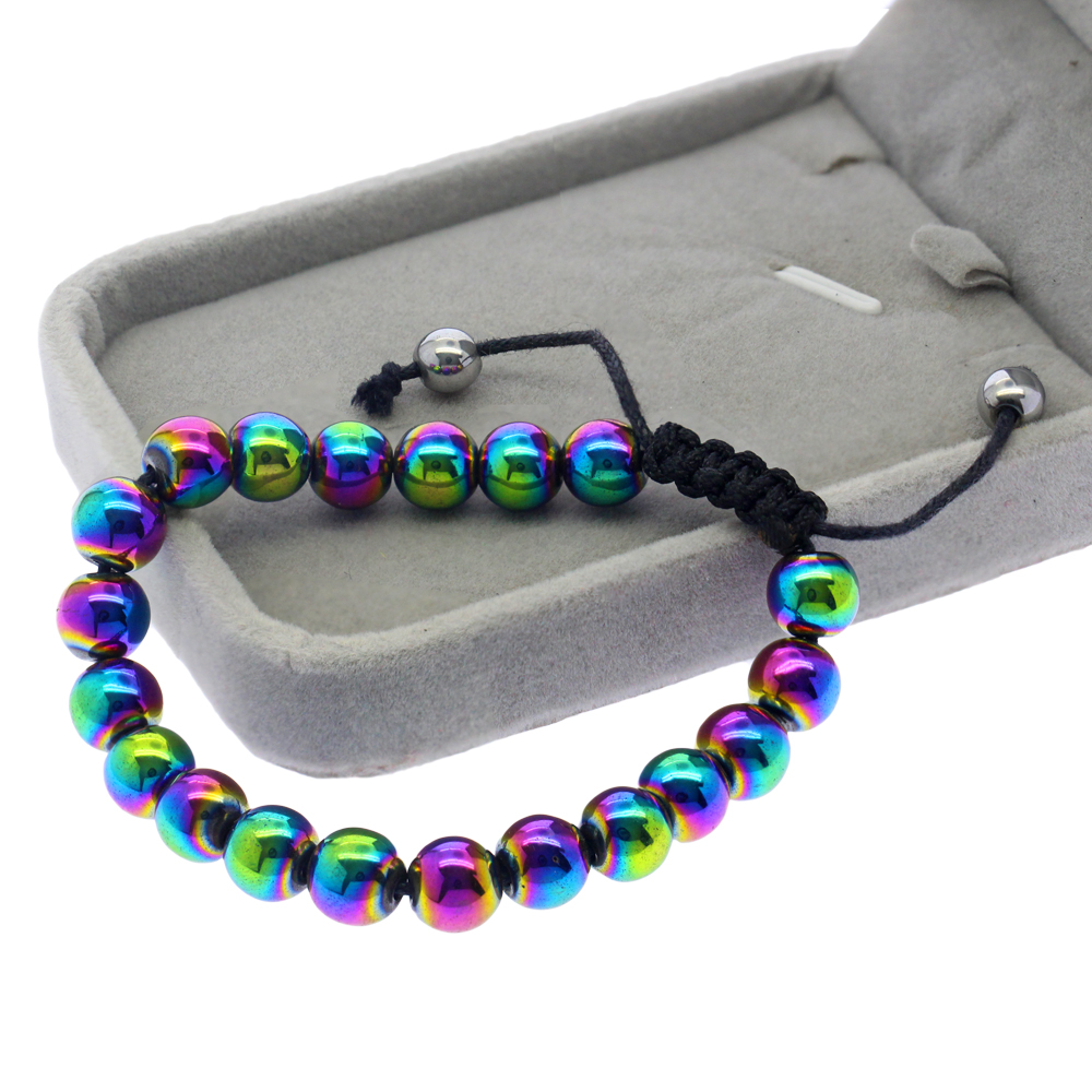 8 mm bead hematite string bracelet electroplated multi-color leather rope ring fashion creative