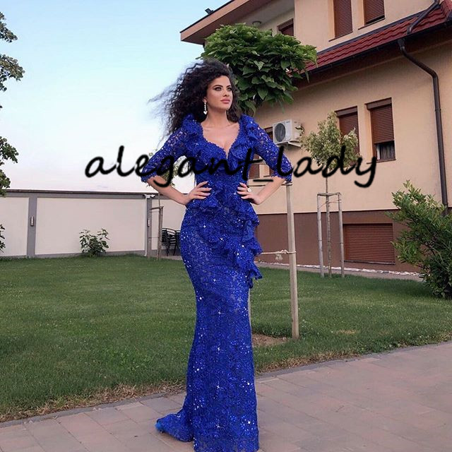 Royal Blue Lace Prom Formal Dresses with Long Sleeve 2020 Aso Ebi Modern V-neck Beaded Ruffles Peplum Mermaid Evening Reception Gown