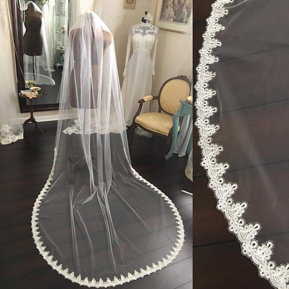 Free Shipping Long Wedding Veils One Layer With Appliqued Custom Made Chapel Length Ivory Bridal Veil Hot Selling