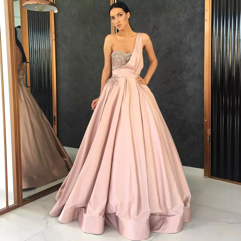 A-Line High Quality Prom Dresses One Shoulder Appliques Sequin Beads Pleat Evening Party Gowns Floor Length Satin Robe De Mariee