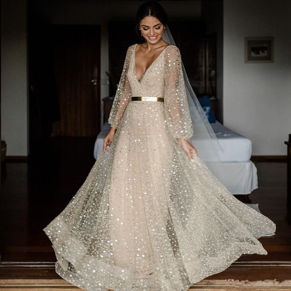 2020 New Boho Champagne Wedding Dresses V Neck Long Sleeves Sequined Bridal Gowns Floor Length Plus Size Beach Bohemian Wedding Dress
