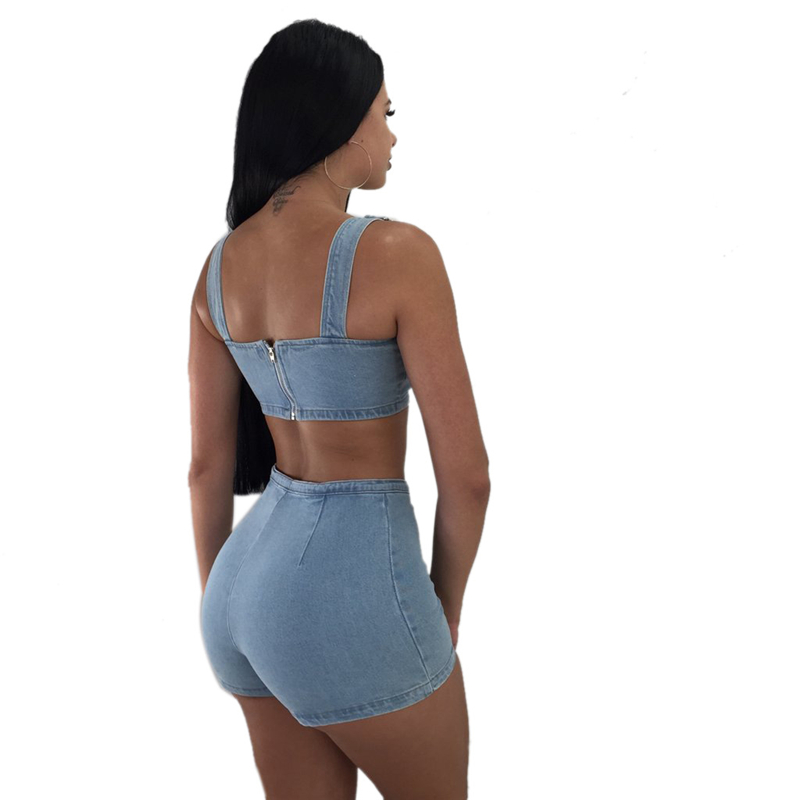 Adogirl Women Denim Two Piece Set Strapless Spaghetti Straps Zipper Back Crop Top Jeans Shorts Fashion Summer Club Suits Outfits