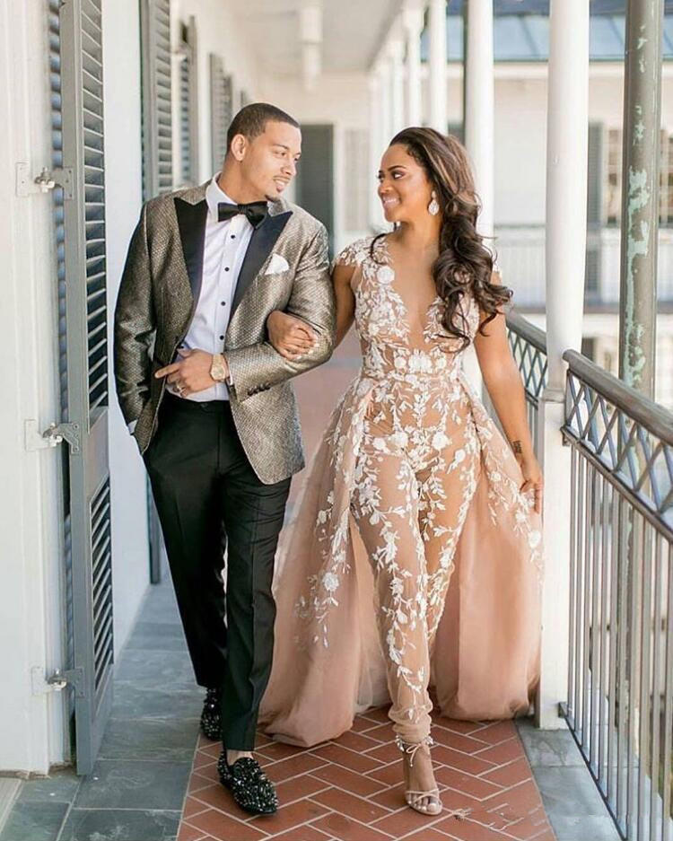 Lace Appliques Women Jumpsuits With Overskirts Illusion Nude Tulle African Wedding Dresses Pant Suits Nigeria Style Bridal Gowns Plus Size
