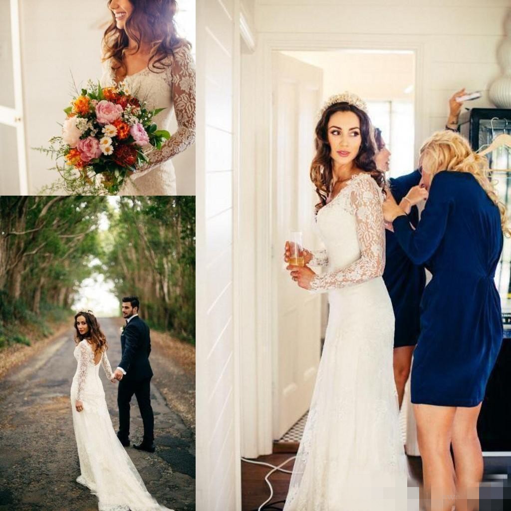 Country Lace Mermaid Dresses Long Sleeves V Neck Covered Buttons Back Custom Made Wedding Gowns Plus Size Vestido De Novia estido