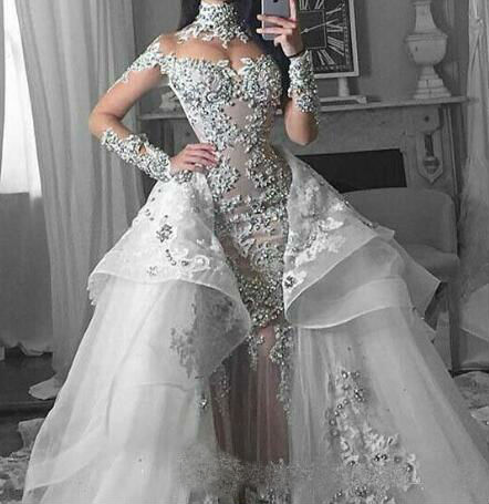 Luxury Crystals Wedding Dresses with Detachable Train High Collar Long Sleeve Wedding Dress Arabic Dubai Vintage Vestido De Novia