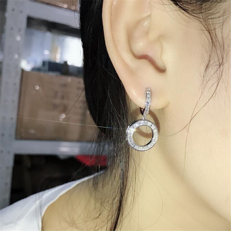 Fine Vintage Fashion Jewelry Sterling Sier Princess Cut White Topaz CZ Dia Circle Women Wedding Bridal Clip Dangle Earring