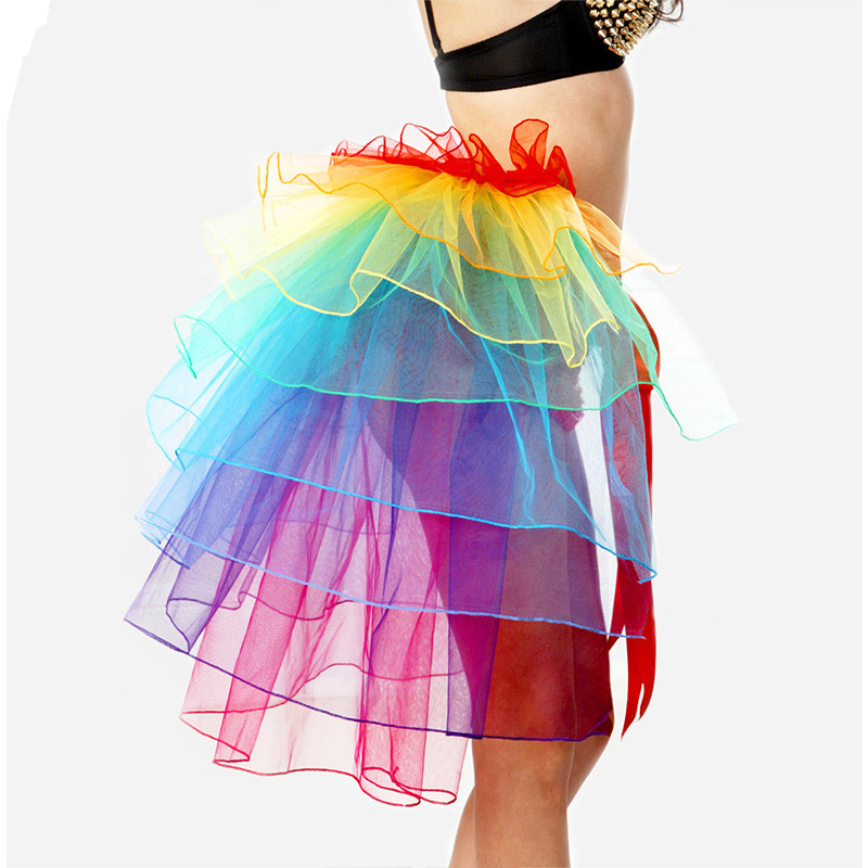 Party Club Dance Show Ruffles Skirt Women Rainbow Self-ties Front Mesh Pleated Tutu Petticoat Female Tulle Ball Gown Faldas Mujer Jupe