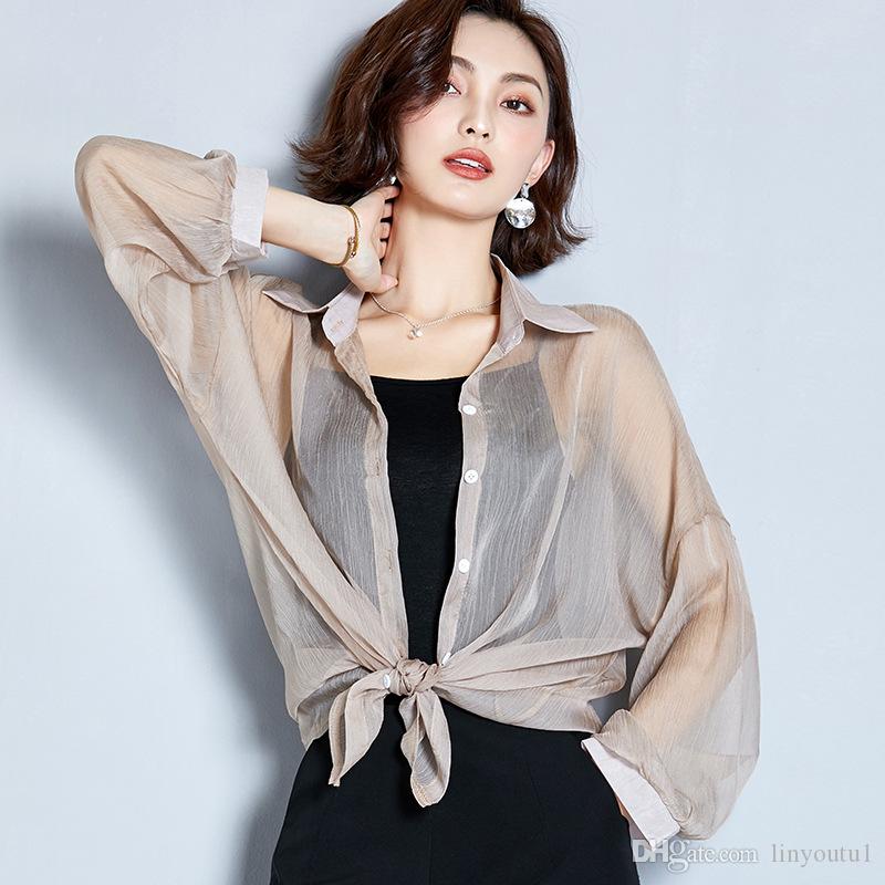 2020 New Women Summer Kimono Cardigan Mesh Transparent Sun Blouse Chiffon Loose Short Plus Size Shirt Solid Beach Cover Outwear