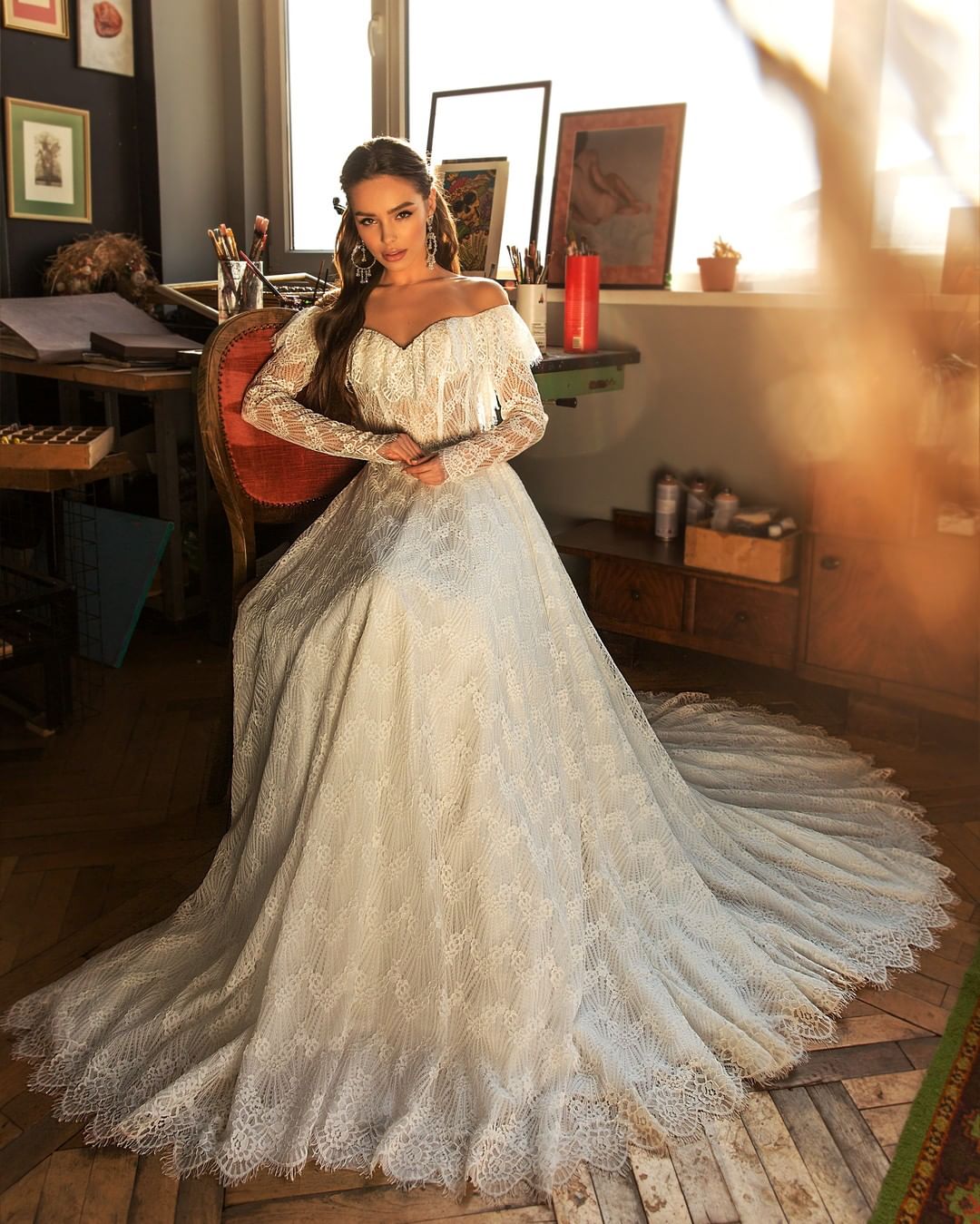 Lace Elegant Long Sleeves Wedding Dresses Off The Shoulder A E Backless Bridal Gowns Sweep Train Robe De Mari E