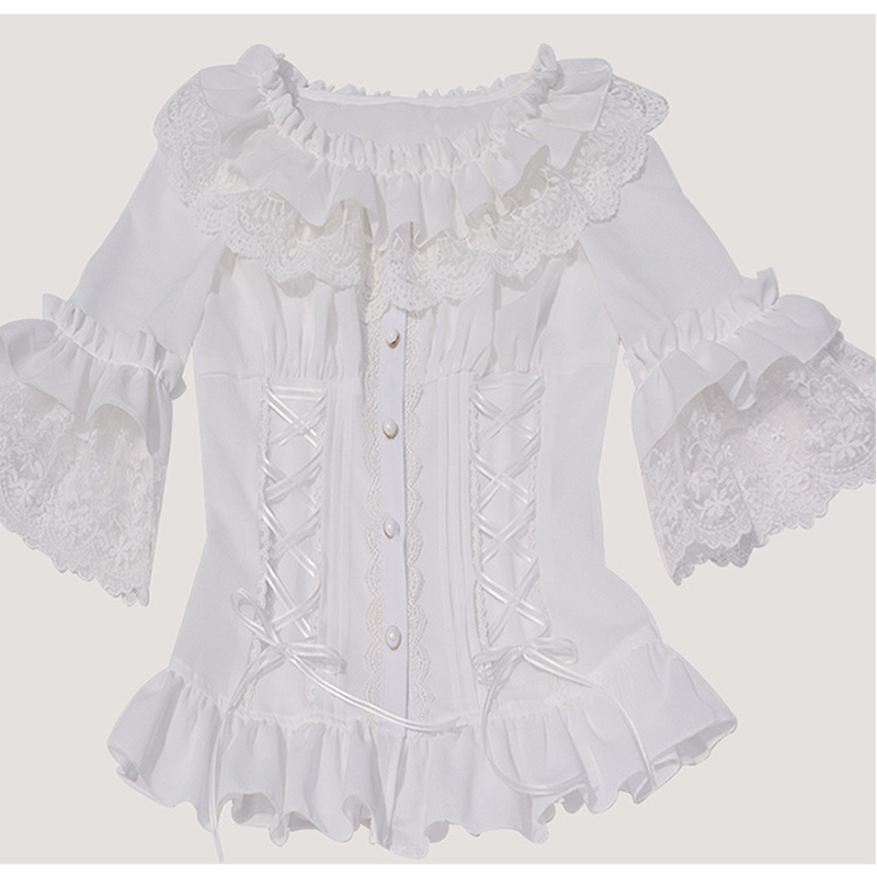 Lolita Women's Chiffon Blouse White Black Half Flare Sleeve with Ruffled Layered Collar Side Lace-up and Lace Accents S-XXL Free Shipment