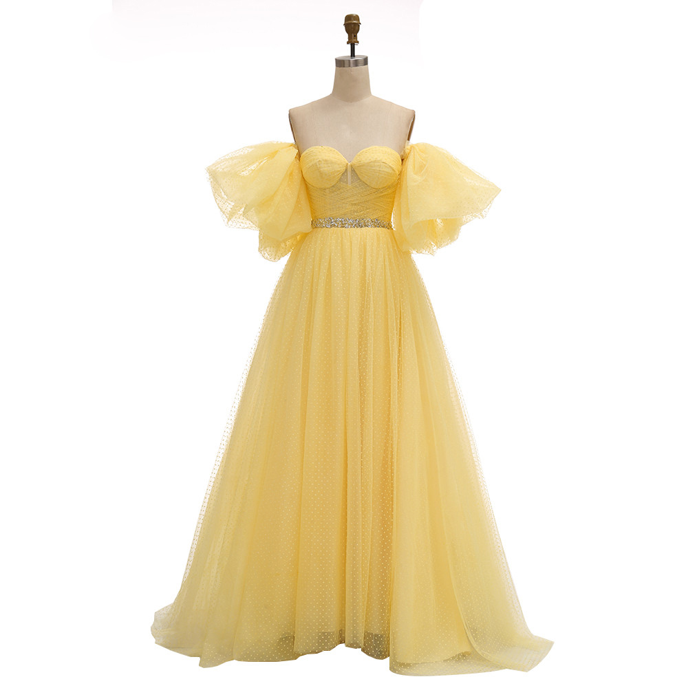 2020 Yellow Prom Dresses Long Pink Party Dress Dot Tulle A-line Evening Gowns Latter Sleeves Elegant Formal Dresses Vestido