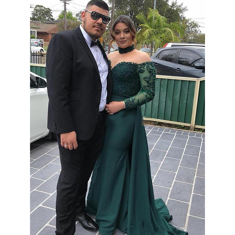 Plus Size Hunter Green Mermaid Prom Dresses With Over Train High Neck Long Sleeve Illusion Bodice Appliques Beads Long Formal Evening Gowns
