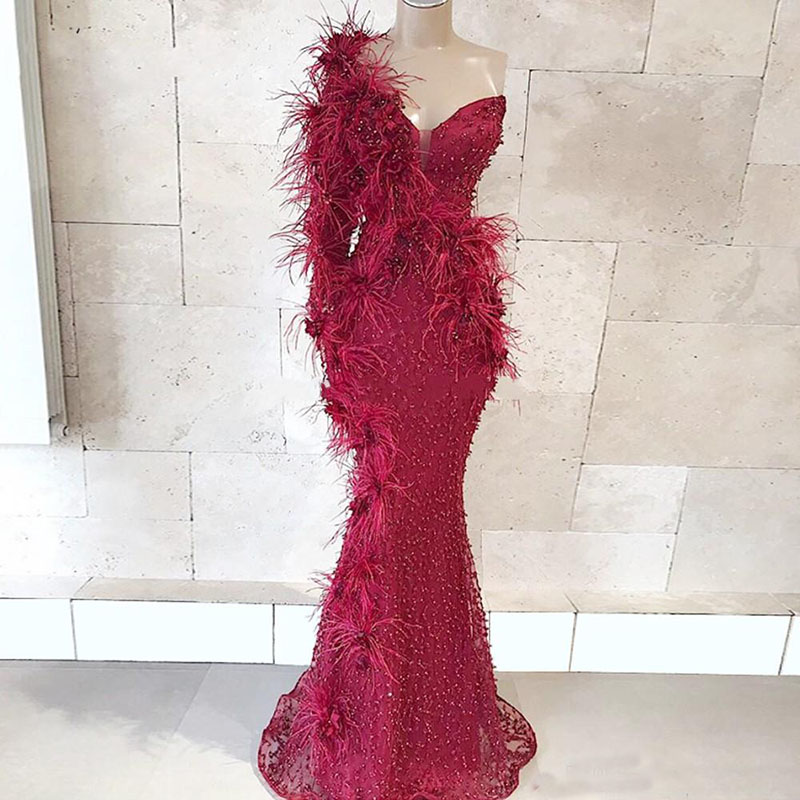 Feather Beaded Formal Evening Dress Custom Made Muslim Arabic Prom Dresses Robe De Soiree Turkish Party Gowns