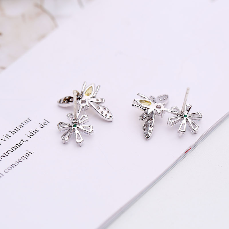 Shining Bling Flower Bee S925 Silver Needle Dangle Drop Earrings White Zircon Gold Plated Earring Jewelry Wholesale