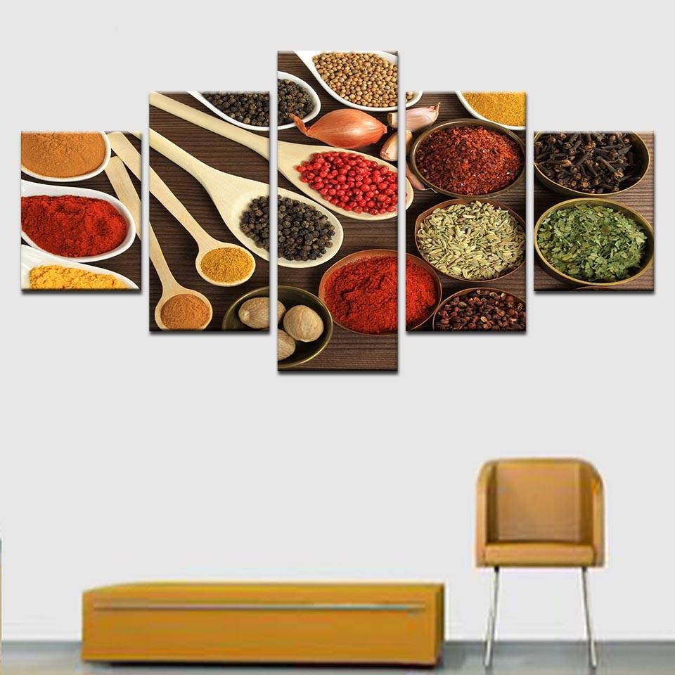 Modern Wall Art Pictures HD Prints 5 Pieces Spoon Grains Spices Modular Canvas Painting Home Decor Kitchen Food Poster No Frame