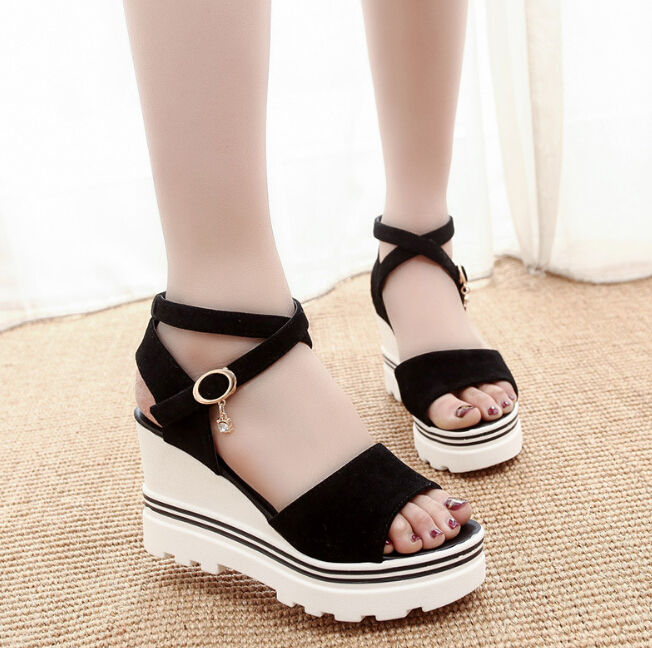 Hot Sale-2019 summer new women's sandals suede solid color high heels wedges buckle fish mouth open toe increased thin women's shoes