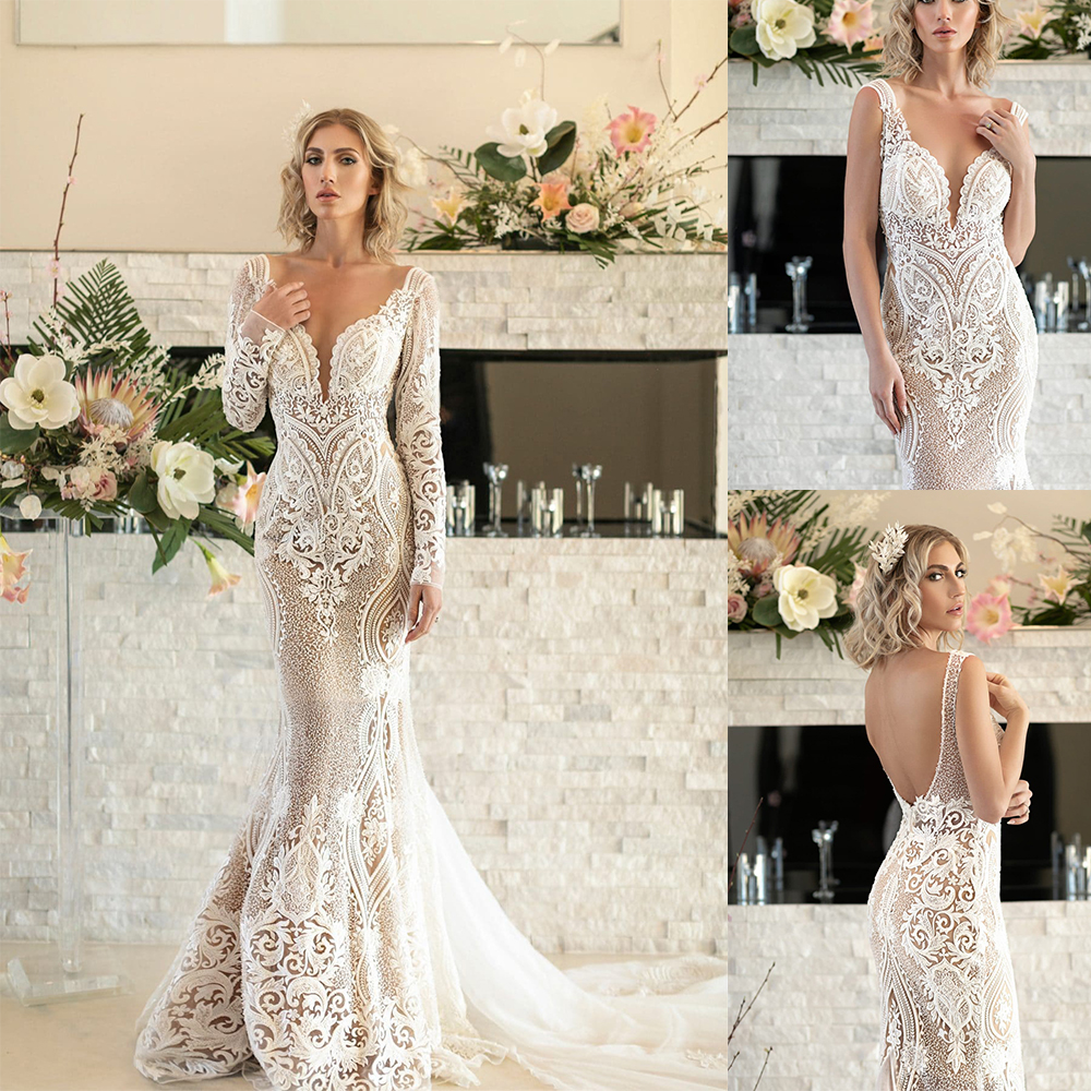 

Naama Anat Backless Mermaid Wedding Dresses Deep V Neck Long Sleeve Appliques Beads Lace Sheath Wedding Dress Sweep Train Bridal Gowns, Same as image