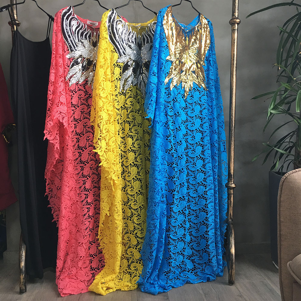 2019 New style African women's Dashiki fashion Water-soluble lace loose skirt with beaded embroidery long dress
2019 New style African women's Dashiki fashion Water-soluble lace loose skirt with beaded embroidery long dress