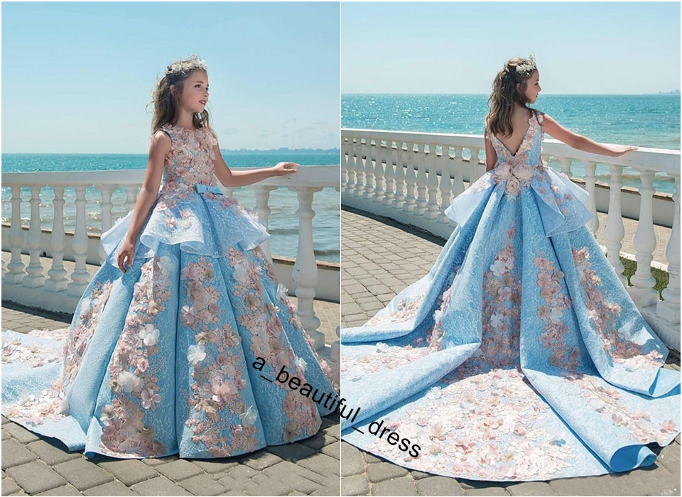 Blue Lace Girls Pageant Dresses Ball Gown Children Birthday Holiday Wedding Party Dresses Teenage Princess Toddler Dresses SweepTrain FG1279