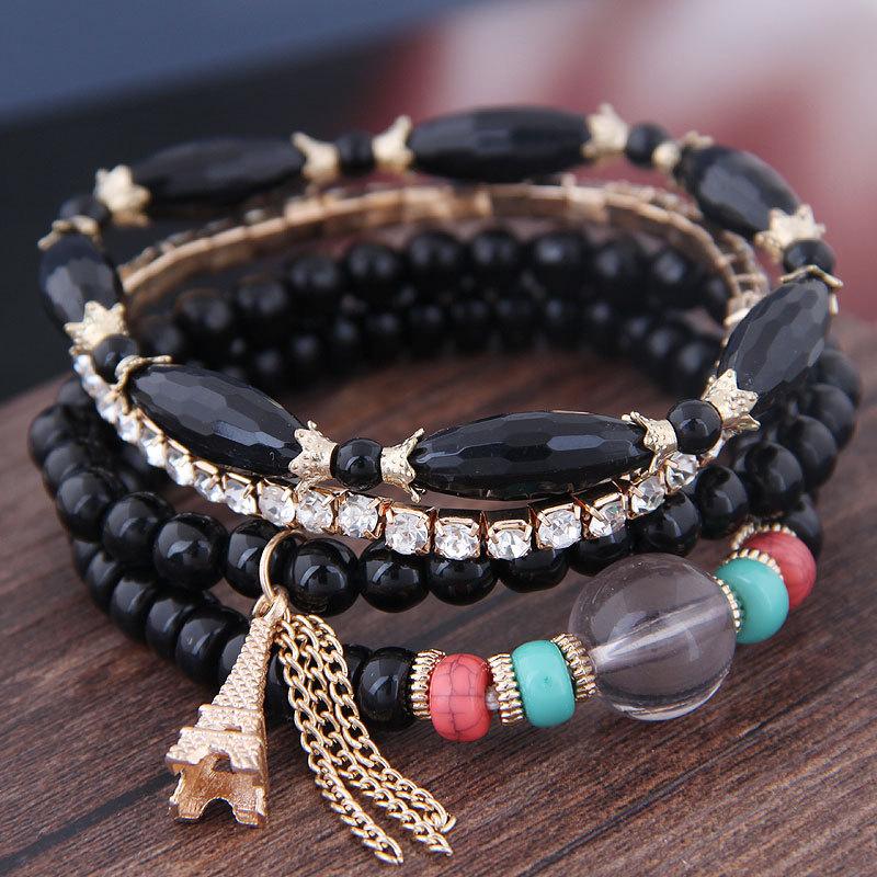 Bohemian Beaded Bracelets Set Multilayer Feather Eiffel Tower Tassel Charm Bracelet Stackable Bangle for Women Vintage Jewelry