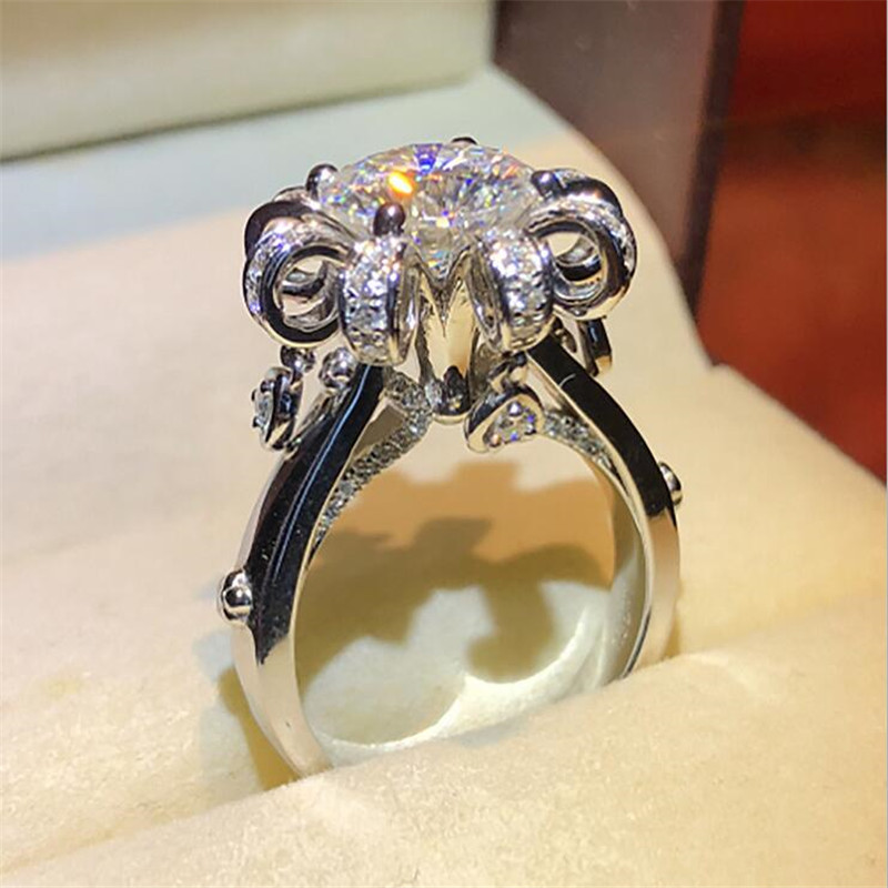 US Size 6-10 Classic Jewelry 925 Sterling Silver Round Cut White Topaz CZ Diamond Gemstones Eternity Women Flower Wedding Band Ring Gift