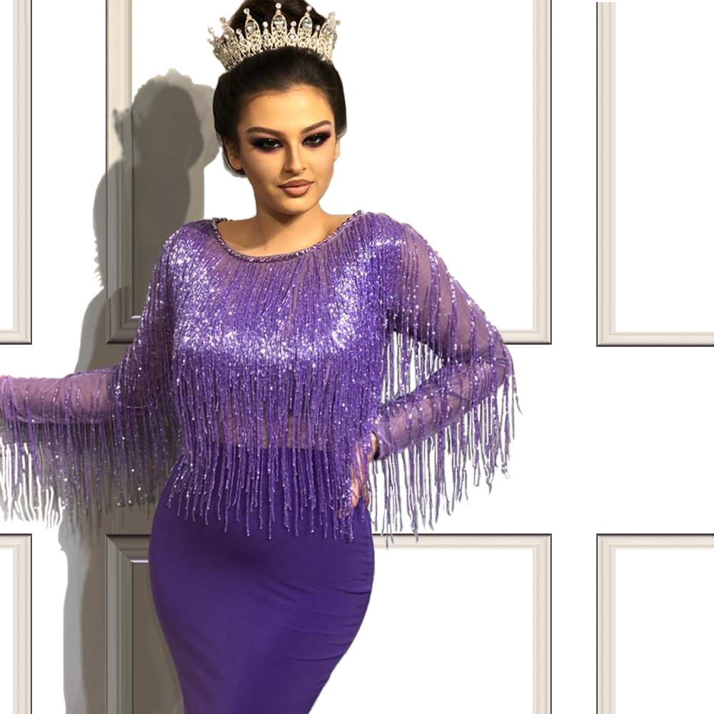 Purple Arabic Tassel Mermaid Evening Dresses Beaded Jewel Neck Long Sleeves Prom Gowns Sweep Train Satin Formal Dress