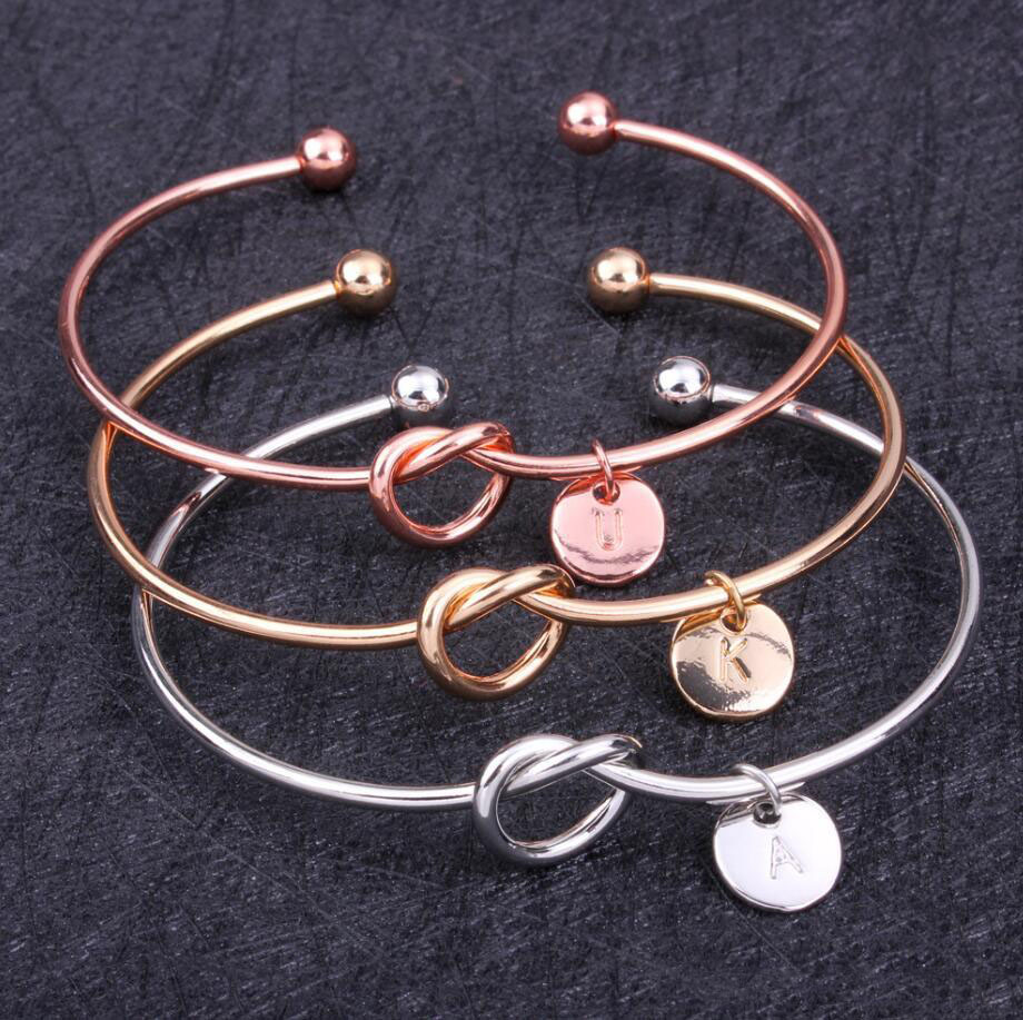 New Open Knot Heart Bracelet A-Z 26 letters Bangle Women Girl Fashion Jewelry Zinc Alloy Round Pendant Chain Link Friendship Bracelets Gifts