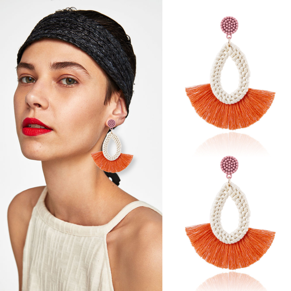 Woven earrings fan-shaped tassel earrings women's bohemian jewelry statement chandelier wind tassel woven earrings