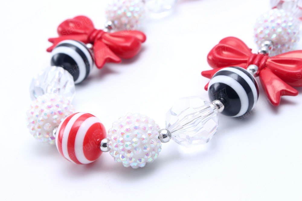 Fashion Red Bowknot Girls Chunky Beads Necklace Baby Child Bubblegum Chunky Necklace Cute Design Beaded Jewelry