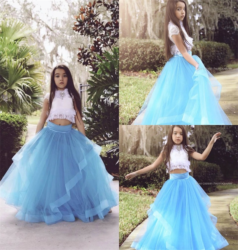 Two Piece White And Blue Birthday Gown Crystal Applique Lace Ruched Tulle Pageant Gown Jewel Sleeveless Floor-length Flower Girl Dress Cheap