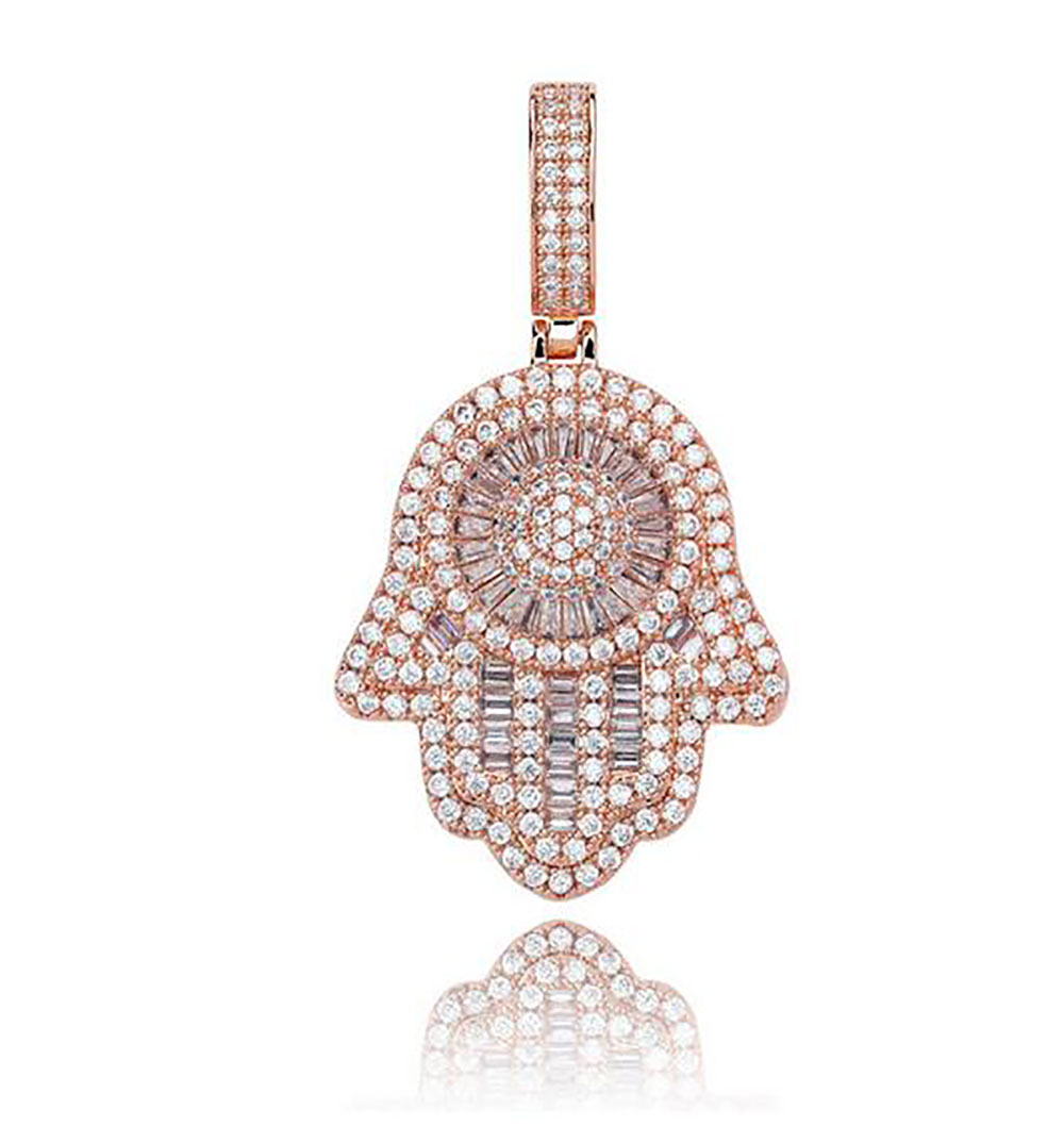 Iced Out Hand of Fatima Hamsa Pendant Necklace CZ Copper Top Quality Cubic Zircon Bling Bling For Men Women gifts