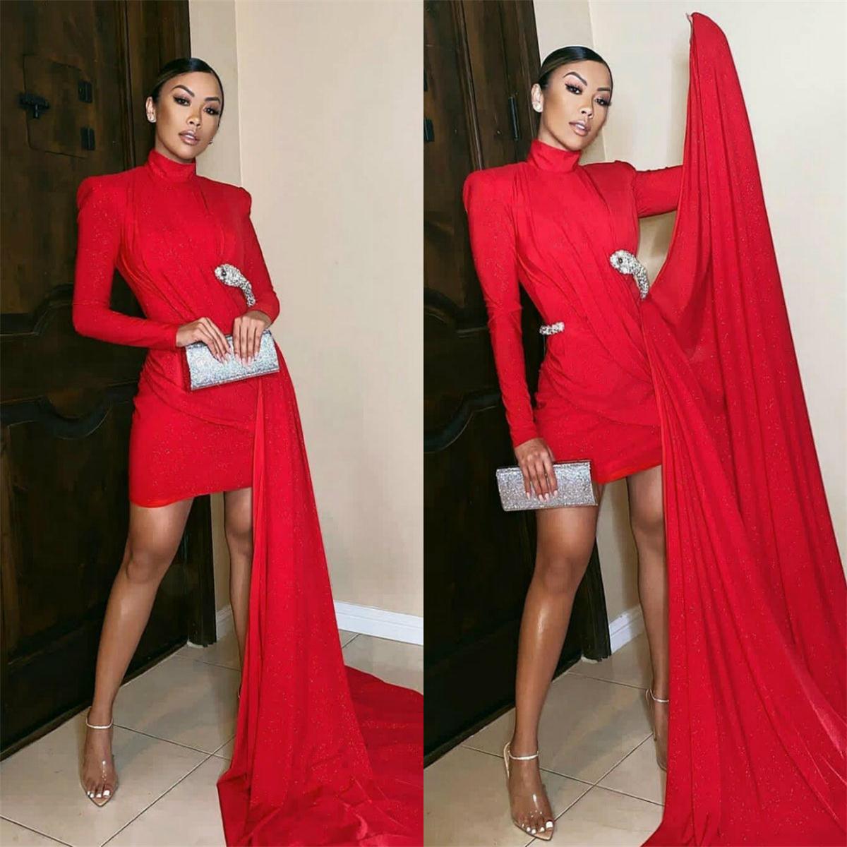 2020 New Short Prom Dress Long Sleeves High Collar Dress robes de mariée Fashion Celebrity Evening Gowns