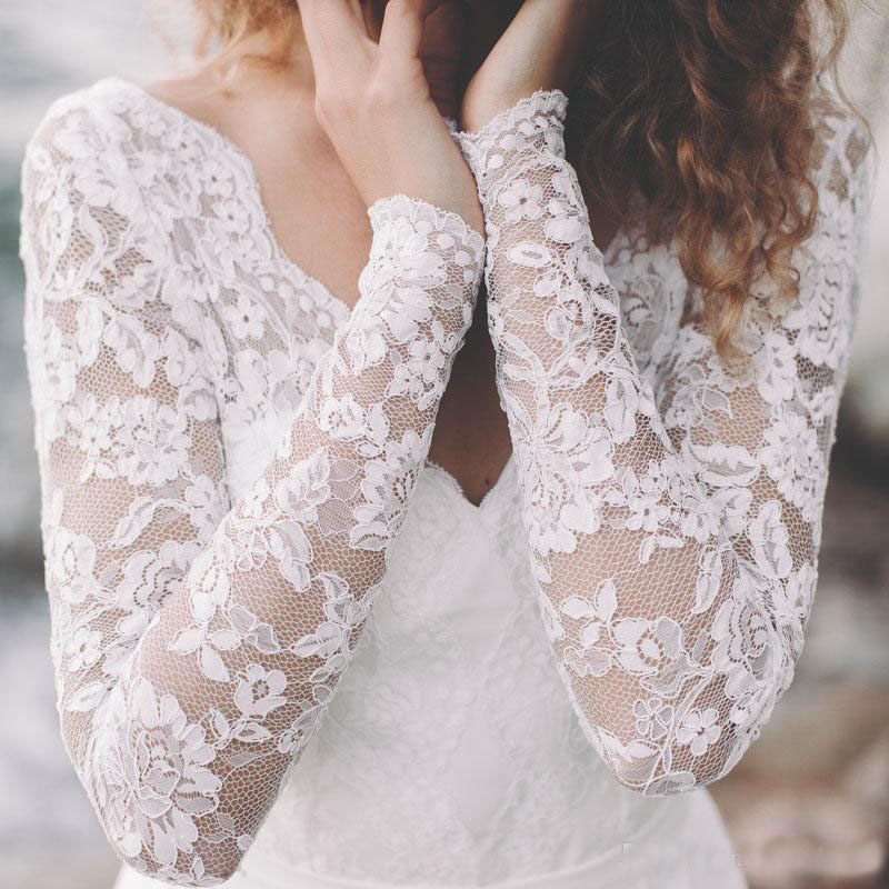 Simple Fall White Lace Country Beach Wedding Dresses V Neck Full Sleeve Chiffon Low Back Bohemian Bridal Gowns Slim casual Bride Dresses