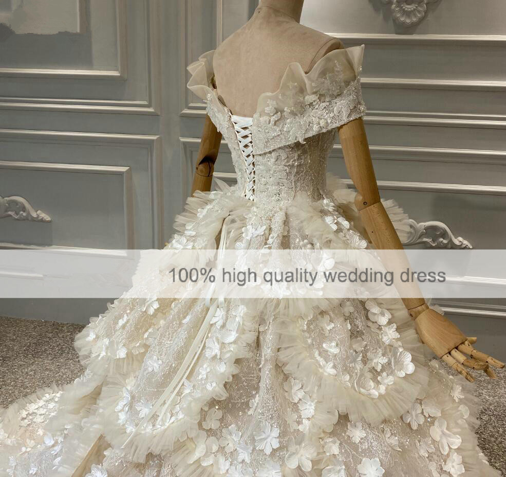 Luxury 3D Floral Lace Wedding Dress Off The Shoulder Vestido De Noiva Plus Size Beach Boho Beads Wedding Dresses Bridal Gowns