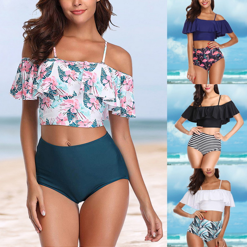Floral Swimsuit for Women Two Pieces Bathing Suits Top Ruffled Racerback with High Waisted Bottom Tankini Set