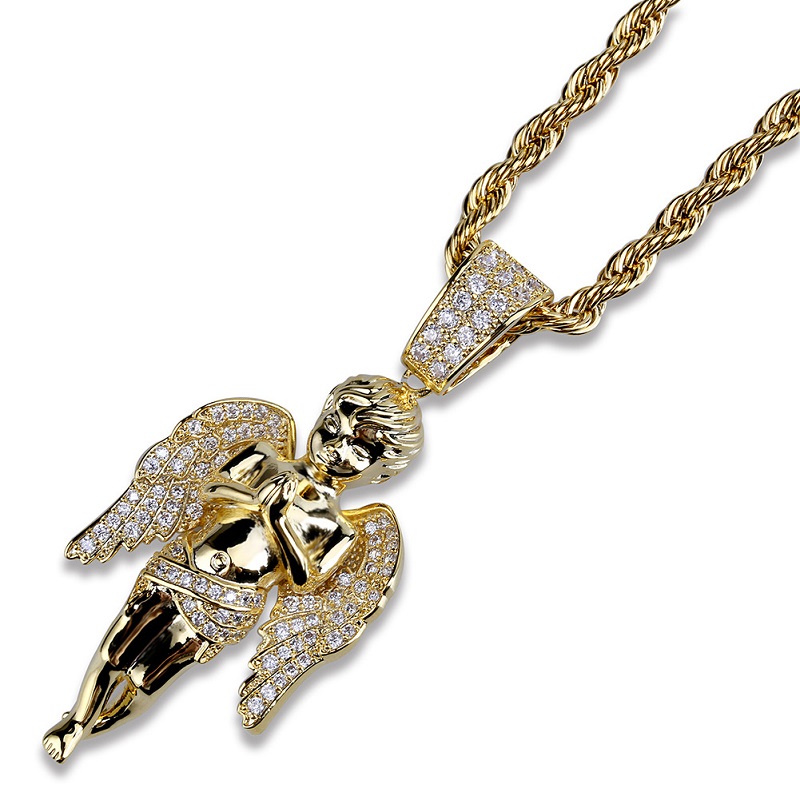 Mens Hip Hop 18k Gold Plated Necklace Iced Out Angle Pendant Fashion Necklaces Jewelry