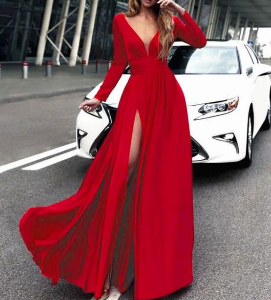 Women Evening Dress Deep V Neck Sweep Train Long Sleeve Dress Party Bridesmaids Femme Solid Maxi Prom Dresses