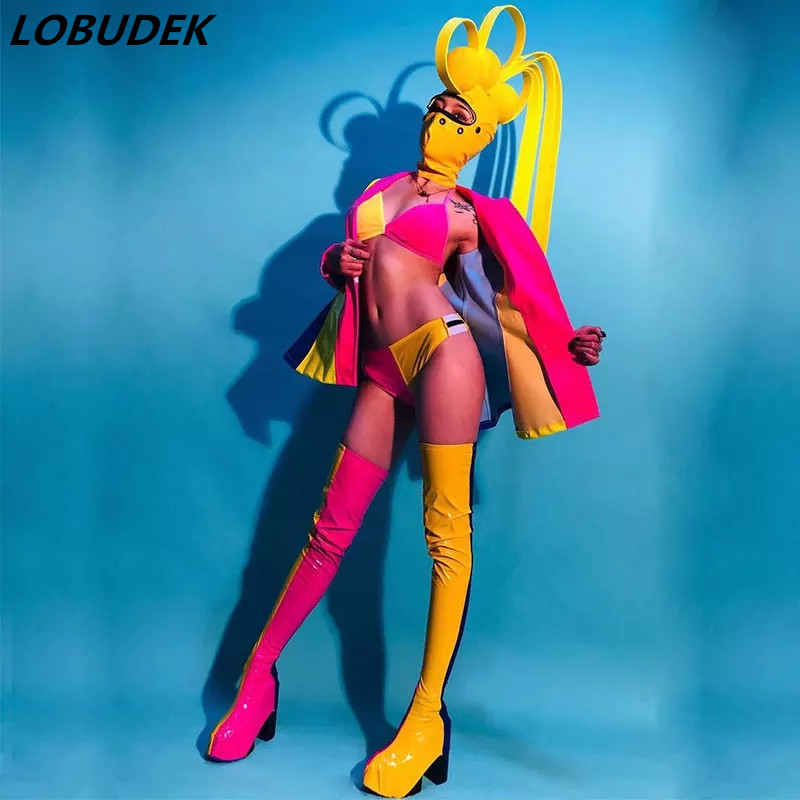 Lady Masked Singer Stage Outfit Rainbow Color Stripe PU Leather Jacket Bikini Mask Headgear Set Party Clown Role-playing Costume, Not include jacket
Lady Masked Singer Stage Outfit Rainbow Color Stripe PU Leather Jacket Bikini Mask Headgear Set Party Clown Role-playing Costume, Not include jacket